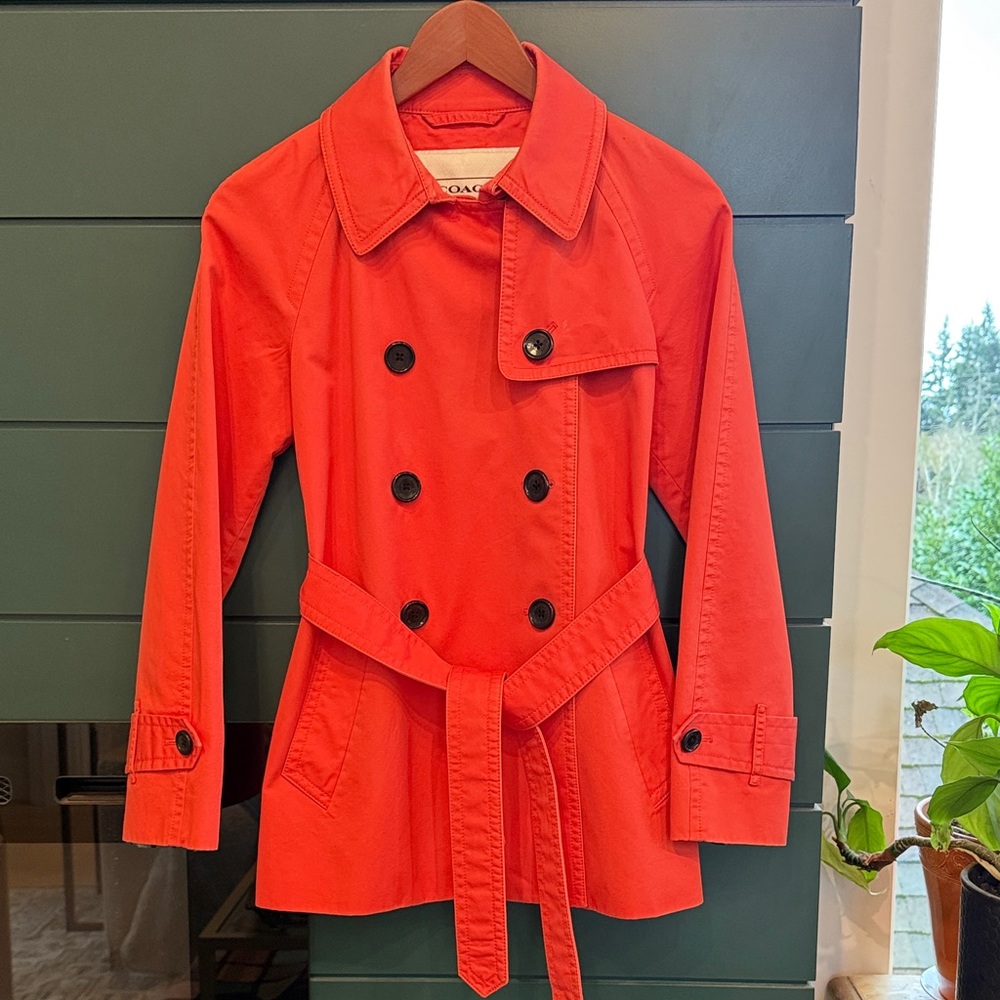 Coach Red Trench Coat with Black Buttons